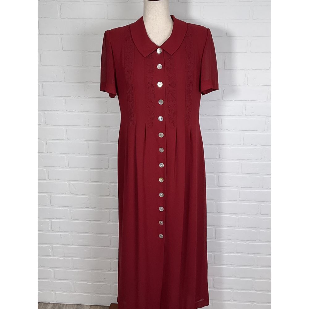 Talbots Dress Women 10 Red Shirt Floral Embroidery Pleat Classic Modest VTG Flaw
